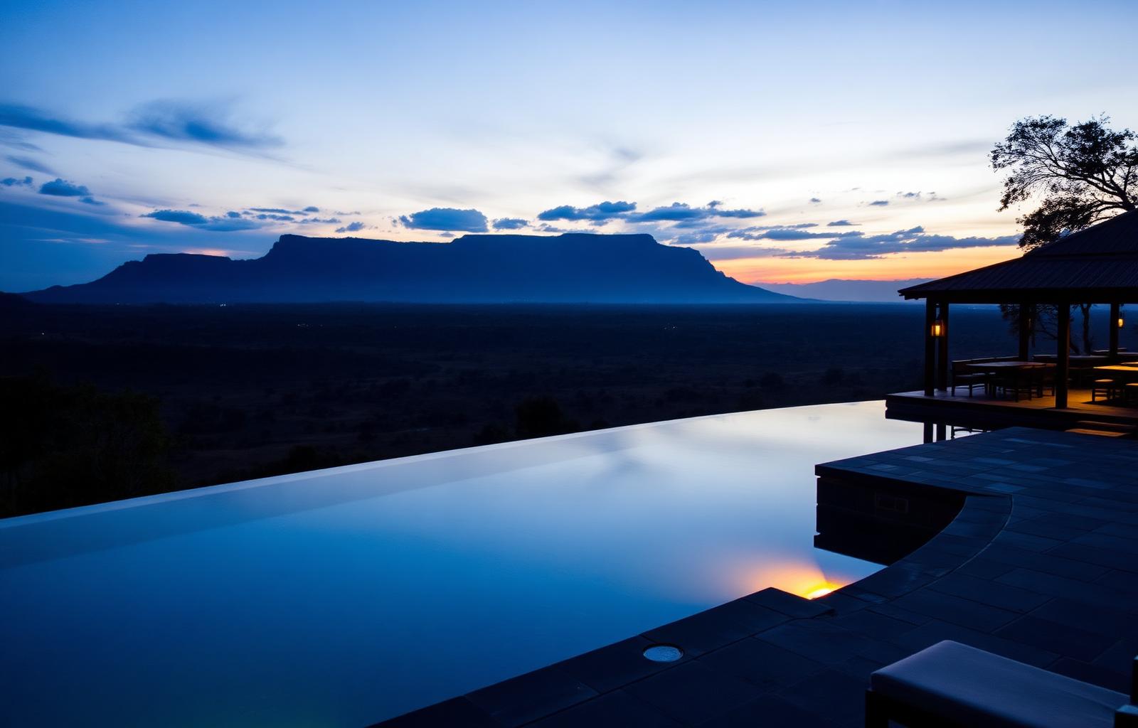 Infinity pool at dusk overlooking Mount Meru plains